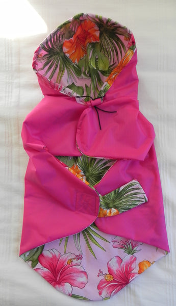 Raincoats for Pugs: Tropical Rain Hoodie Fuschia/Hibiscus