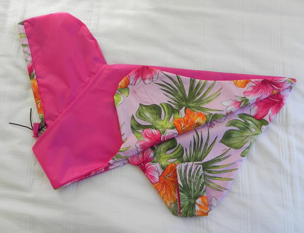 Raincoats for Pugs: Tropical Rain Hoodie Fuschia/Hibiscus